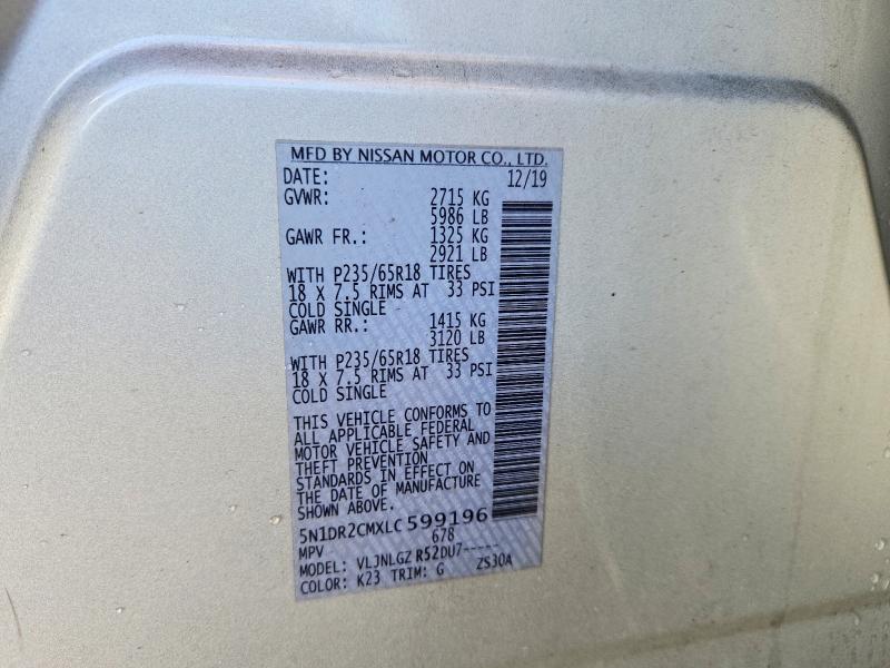 2020 Nissan Pathfinder მანქანა იყიდება აუქციონზე, vin: 5N1DR2CMXLC599196, აუქციონის ნომერი: 99662325