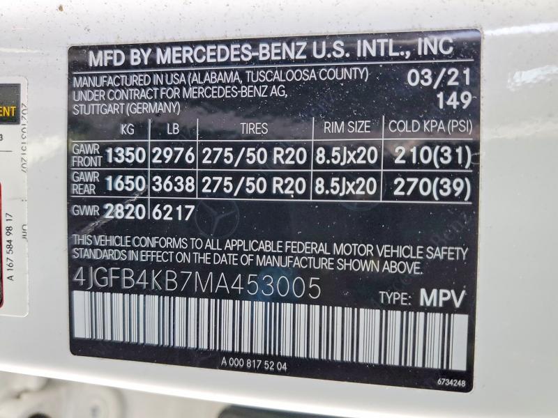 Продаж на аукціоні авто 2021 Mercedes-benz Gle, vin: 4JGFB4KB7MA453005, номер лоту: 99906375