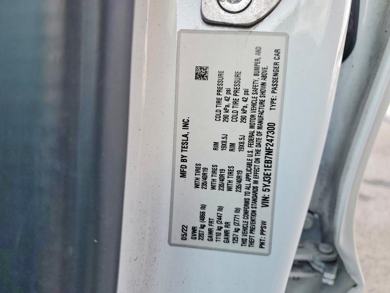 73386135 :رقم المزاد ، 5YJ3E1EB7NF247300 vin ، 2022 Tesla Model 3 مزاد بيع