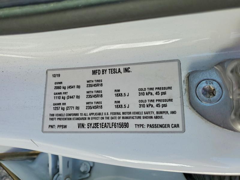 Aukcja sprzedaży 2020 Tesla Model 3, vin: 5YJ3E1EA7LF615690, numer aukcji: 45868646
