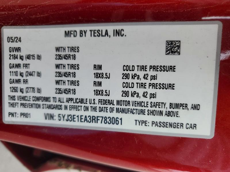 Продажа на аукционе авто 2024 Tesla Model 3, vin: 5YJ3E1EA3RF783061, номер лота: 99032485