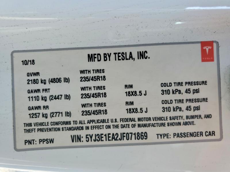 75057765 :رقم المزاد ، 5YJ3E1EA2JF071869 vin ، 2018 Tesla Model 3 مزاد بيع