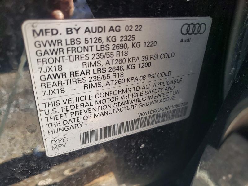 99991245 :رقم المزاد ، WA1EECF35N1085259 vin ، 2022 Audi Q3 مزاد بيع