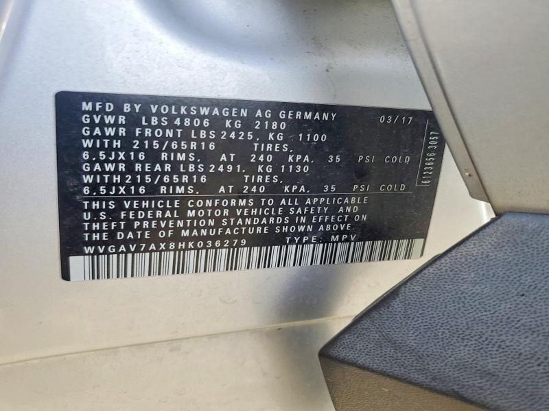 74465155 :رقم المزاد ، WVGAV7AX8HK036279 vin ، 2017 Volkswagen Tiguan مزاد بيع