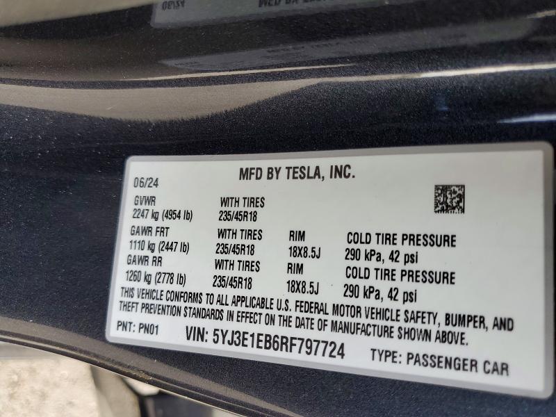 Aukcja sprzedaży 2024 Tesla Model 3, vin: 5YJ3E1EB6RF797724, numer aukcji: 74131395
