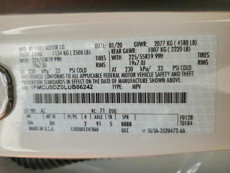 98693385 :رقم المزاد ، 1FMCU0DZ0LUB06242 vin ، 2020 Ford Escape مزاد بيع