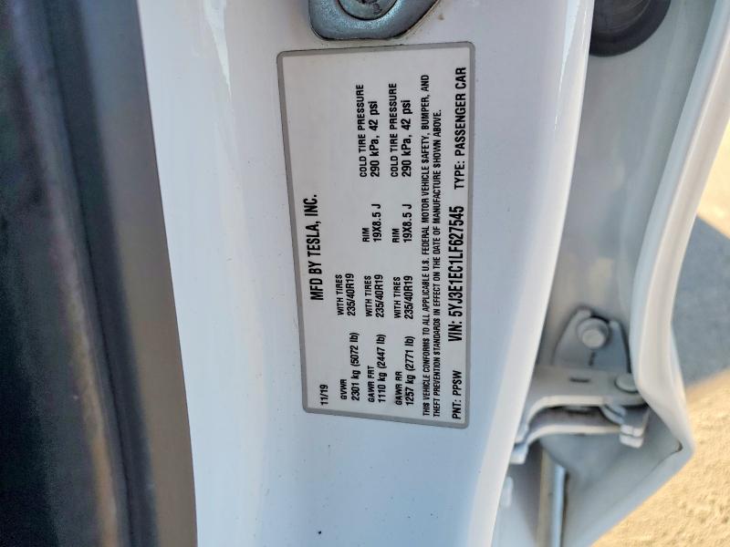 72856465 :رقم المزاد ، 5YJ3E1EC1LF627545 vin ، 2020 Tesla Model 3 مزاد بيع