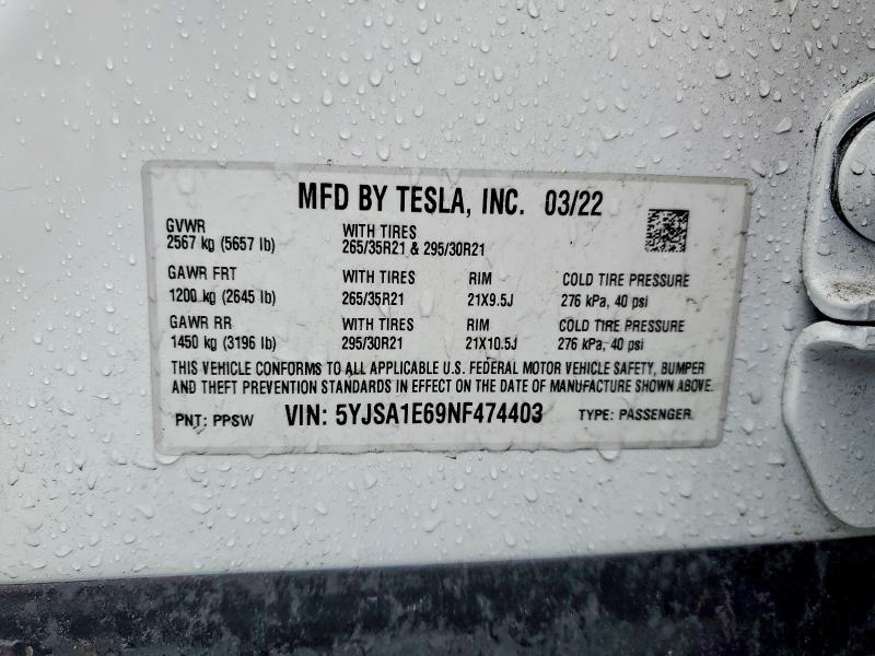 Aukcja sprzedaży 2022 Tesla Model S, vin: 5YJSA1E69NF474403, numer aukcji: 97990075