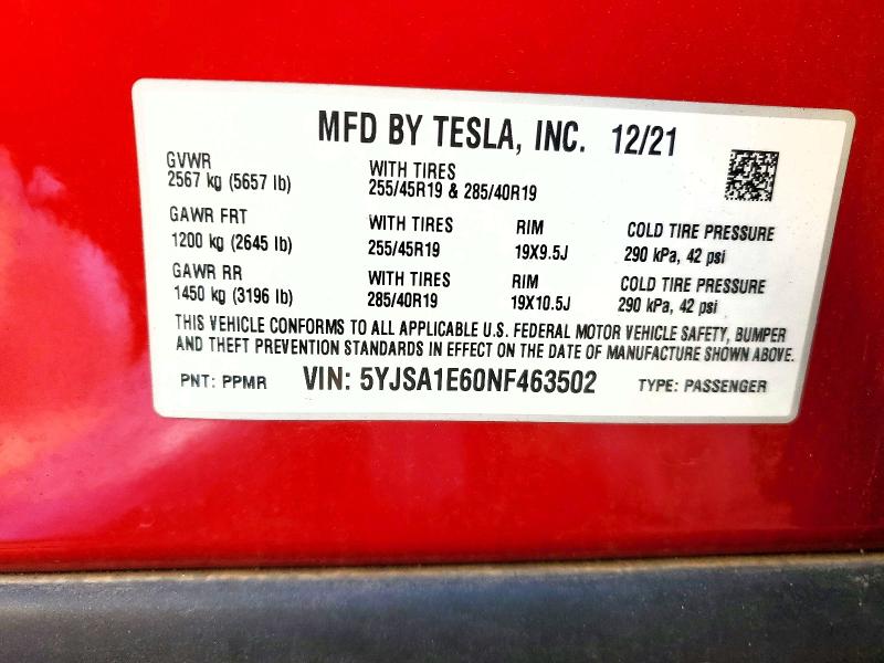 Продаж на аукціоні авто 2022 Tesla Model S, vin: 5YJSA1E60NF463502, номер лоту: 73083285