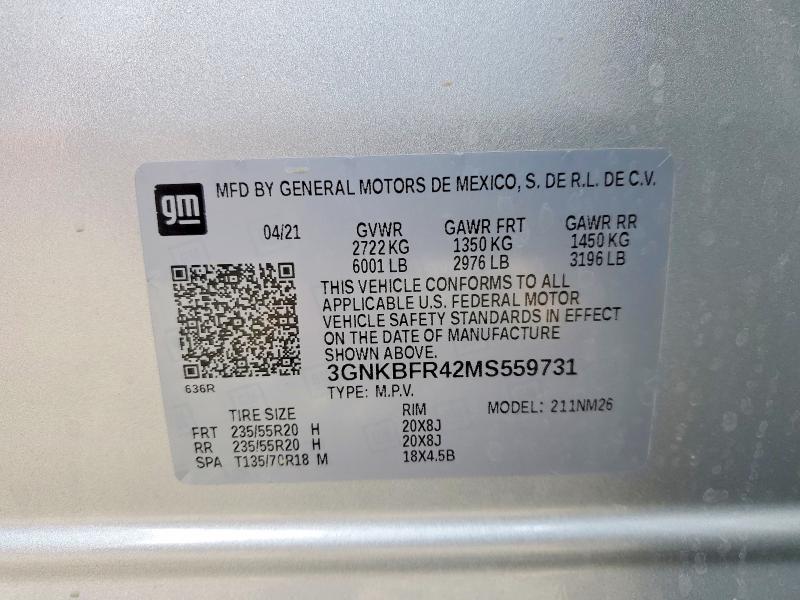 Aukcja sprzedaży 2021 Chevrolet Blazer, vin: 3GNKBFR42MS559731, numer aukcji: 74248805