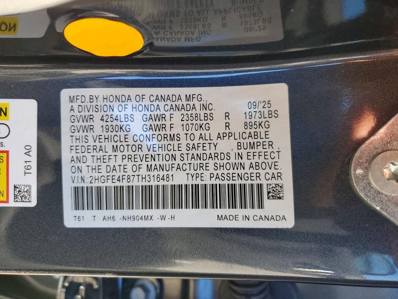 Продажа на аукционе авто 2026 Honda Civic, vin: 2HGFE4F87TH316481, номер лота: 73018915