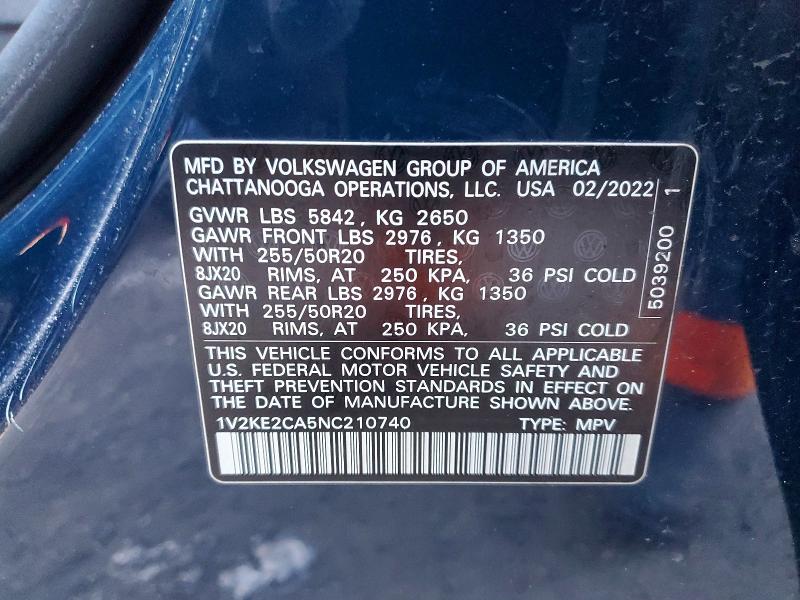 74911215 :رقم المزاد ، 1V2KE2CA5NC210740 vin ، 2022 Volkswagen Atlas Cross Sport Se مزاد بيع