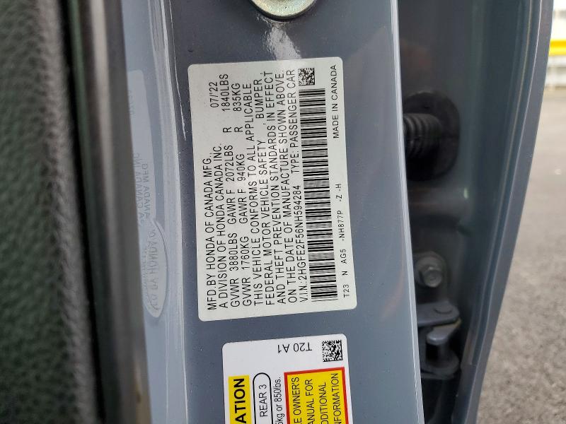 2022 Honda Civic Spor მანქანა იყიდება აუქციონზე, vin: 2HGFE2F56NH594284, აუქციონის ნომერი: 73019865