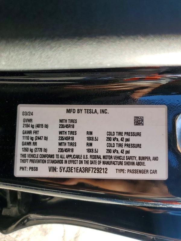 74706865 :رقم المزاد ، 5YJ3E1EA3RF729212 vin ، 2024 Tesla Model 3 مزاد بيع