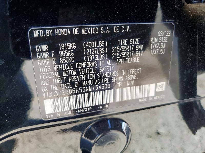75230575 :رقم المزاد ، 3CZRU5H53NM734509 vin ، 2022 Honda Hr-v مزاد بيع