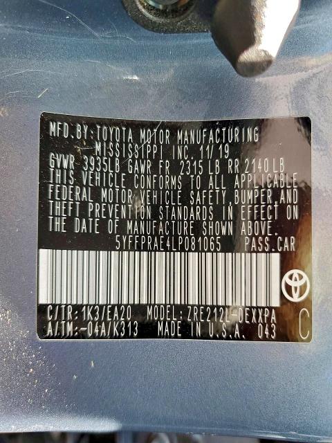 94106915 :رقم المزاد ، 5YFFPRAE4LP081065 vin ، 2020 Toyota Corolla مزاد بيع