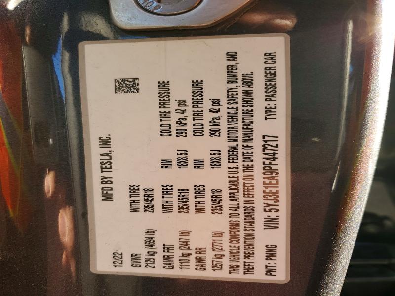 2023 Tesla Model 3 მანქანა იყიდება აუქციონზე, vin: 5YJ3E1EA9PF447217, აუქციონის ნომერი: 98698275