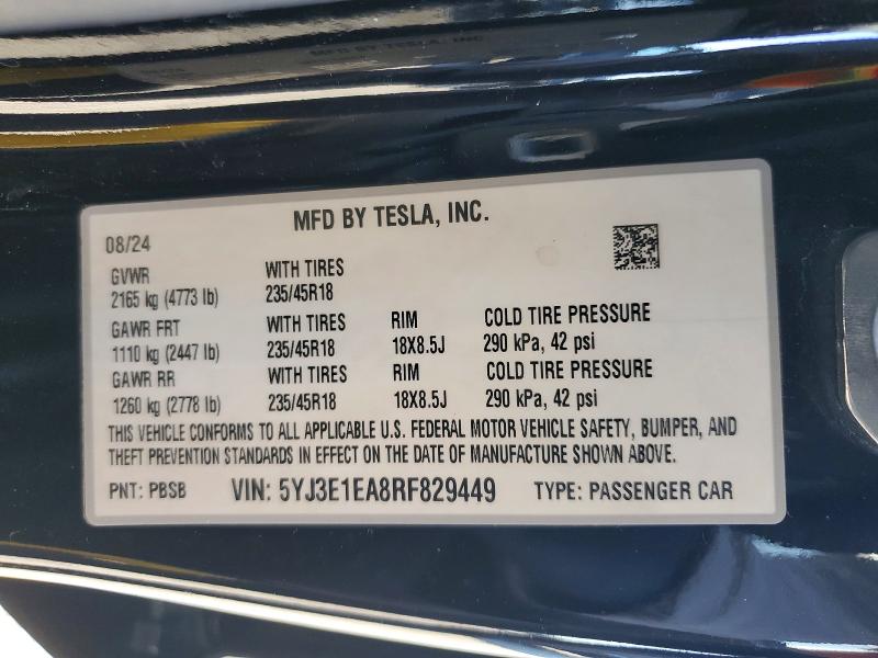 72428455 :رقم المزاد ، 5YJ3E1EA8RF829449 vin ، 2024 Tesla Model 3 مزاد بيع
