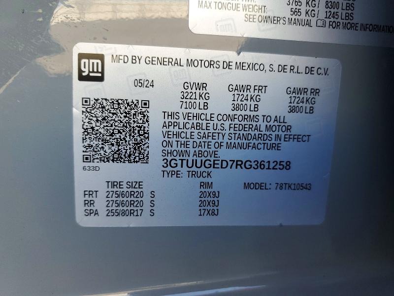 2024 Gmc Sierra მანქანა იყიდება აუქციონზე, vin: 3GTUUGED7RG361258, აუქციონის ნომერი: 74672415