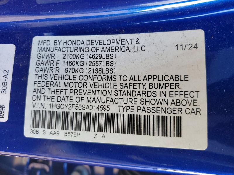 Aukcja sprzedaży 2025 Honda Accord, vin: 1HGCY2F50SA014595, numer aukcji: 97827975