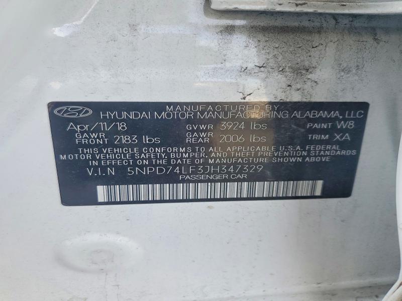 Aukcja sprzedaży 2018 Hyundai Elantra, vin: 5NPD74LF3JH347329, numer aukcji: 73636585