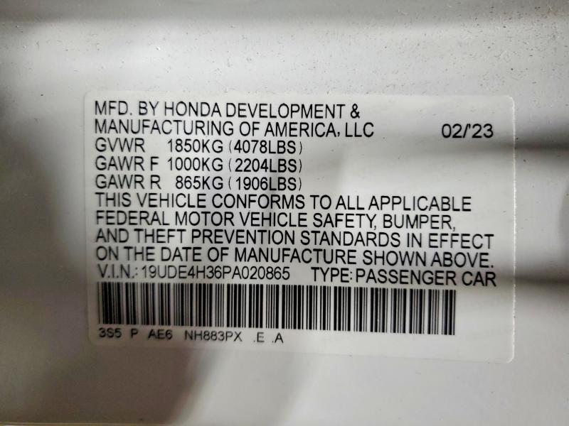 Auction sale of the 2023 Acura Integra, vin: 19UDE4H36PA020865, lot number: 75427725