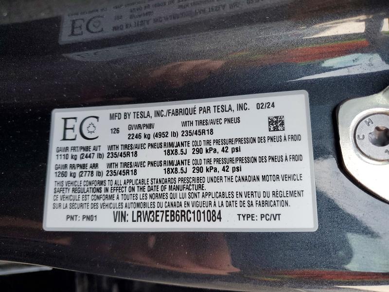 Auction sale of the 2024 Tesla Model 3, vin: LRW3E7EB6RC101084, lot number: 72655145
