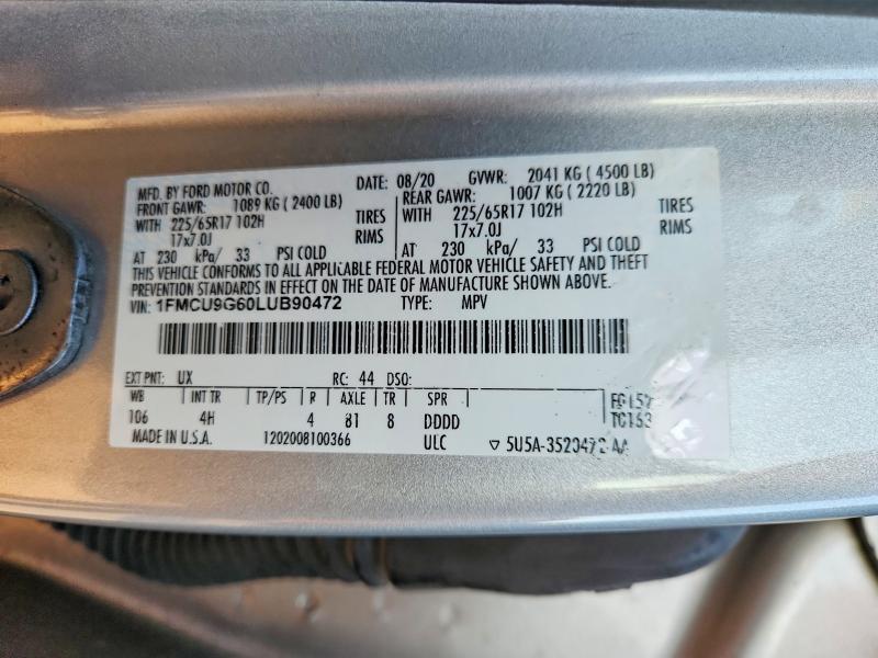 Aukcja sprzedaży 2020 Ford Escape, vin: 1FMCU9G60LUB90472, numer aukcji: 74395925