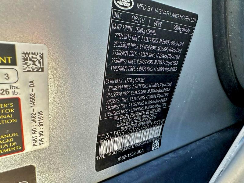Aukcja sprzedaży 2018 Land Rover Range Rove, vin: SALWR2RV8JA811916, numer aukcji: 72923235