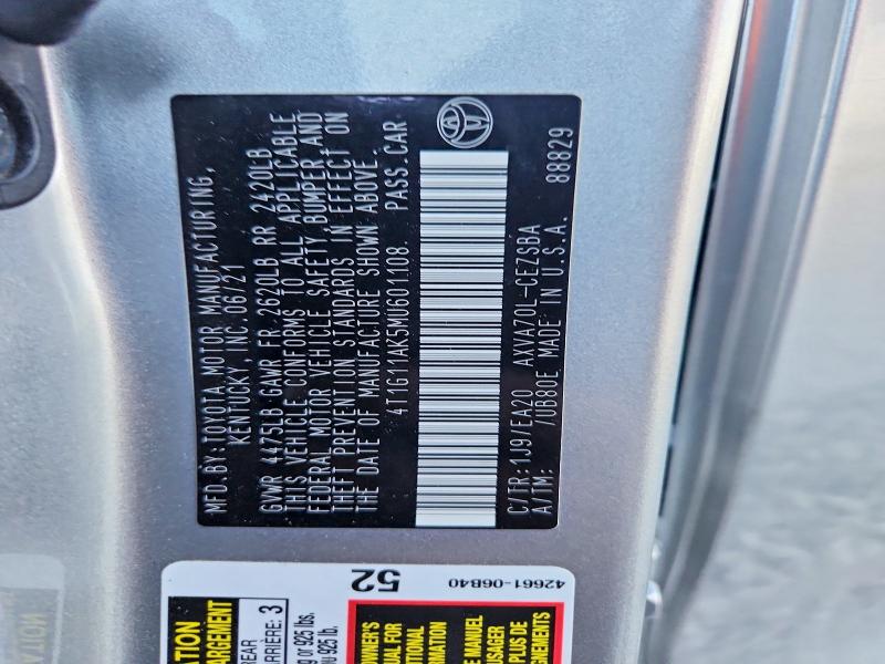 2021 Toyota Camry მანქანა იყიდება აუქციონზე, vin: 4T1G11AK5MU601108, აუქციონის ნომერი: 98244555