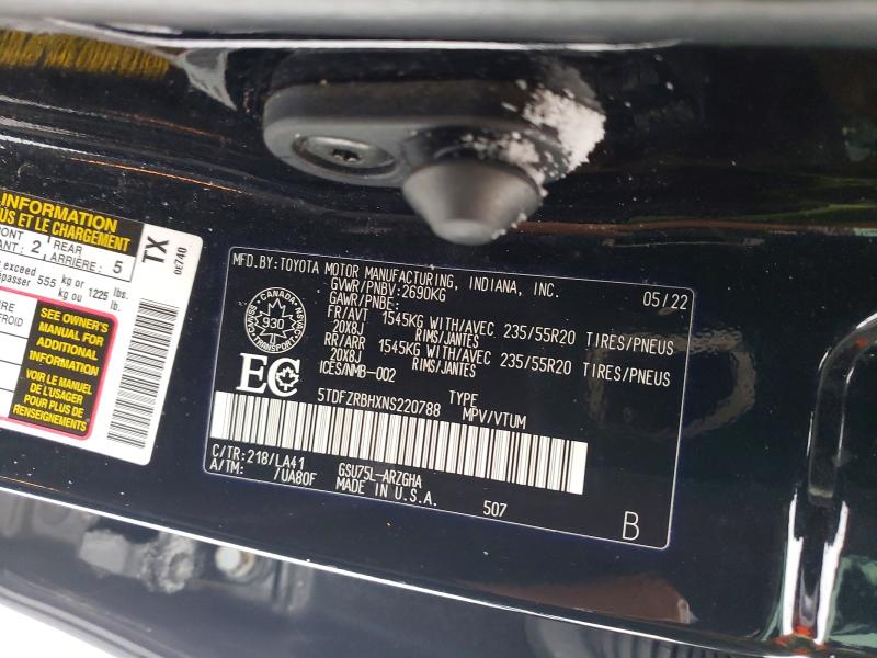 2022 Toyota Highlander მანქანა იყიდება აუქციონზე, vin: 5TDFZRBHXNS220788, აუქციონის ნომერი: 74021805