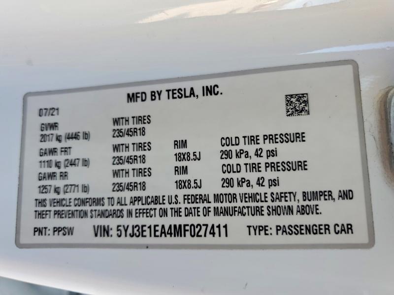 Aukcja sprzedaży 2021 Tesla Model 3, vin: 5YJ3E1EA4MF027411, numer aukcji: 73008615