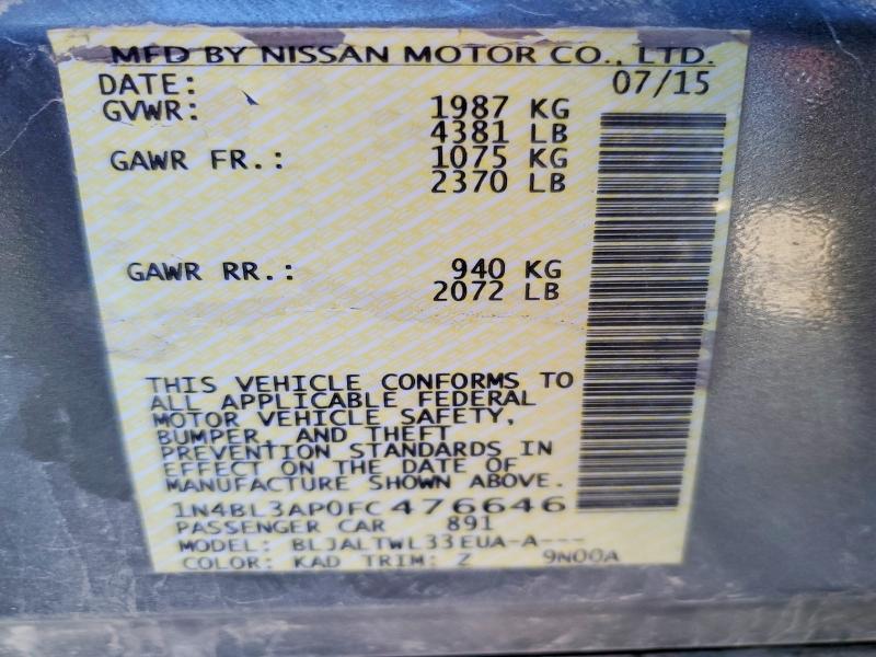 Продаж на аукціоні авто 2015 Nissan Altima, vin: 1N4BL3AP0FC476646, номер лоту: 73515175