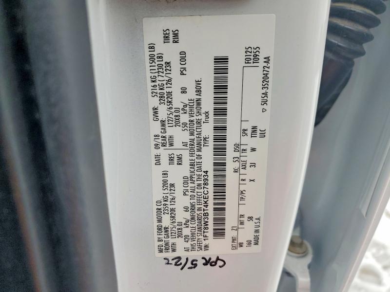 73913595 :رقم المزاد ، 1FT8W3BT4KEC78934 vin ، 2019 Ford F350 مزاد بيع
