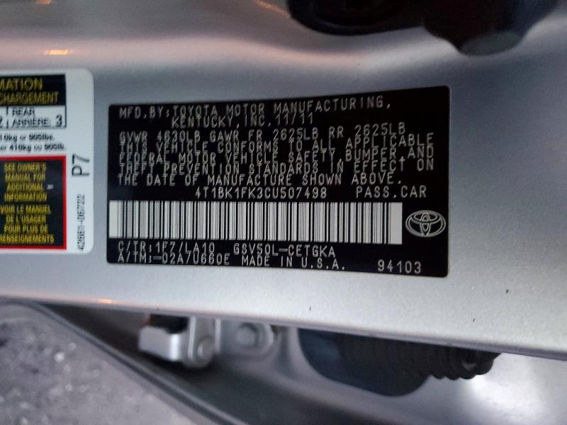 2012 Toyota Camry მანქანა იყიდება აუქციონზე, vin: 4T1BK1FK3CU507498, აუქციონის ნომერი: 99278475