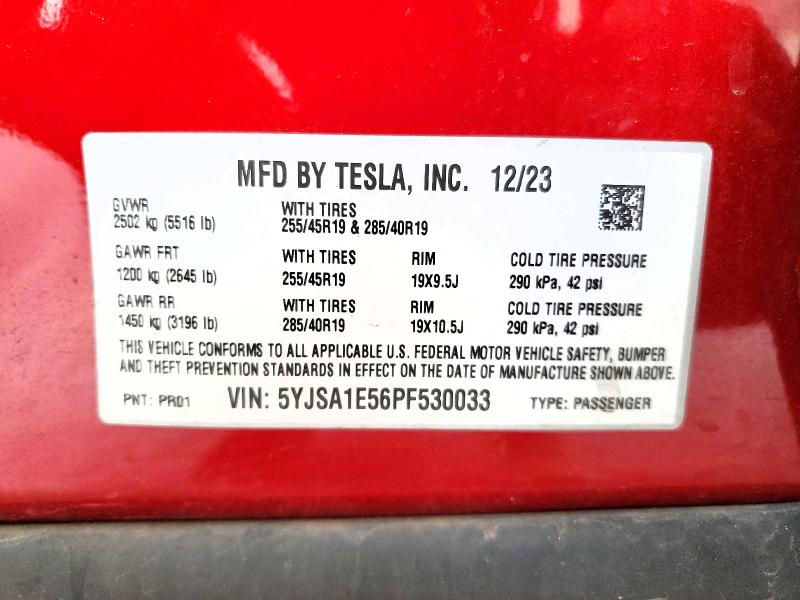 2023 Tesla Model S მანქანა იყიდება აუქციონზე, vin: 5YJSA1E56PF530033, აუქციონის ნომერი: 75019455