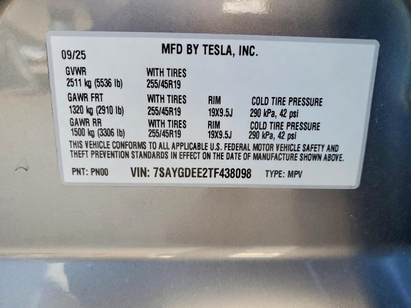 Aukcja sprzedaży 2026 Tesla Model Y, vin: 7SAYGDEE2TF438098, numer aukcji: 99426555