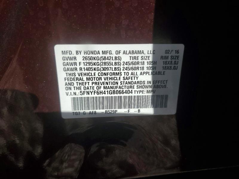 73383135 :رقم المزاد ، 5FNYF6H41GB066404 vin ، 2016 Honda Pilot مزاد بيع