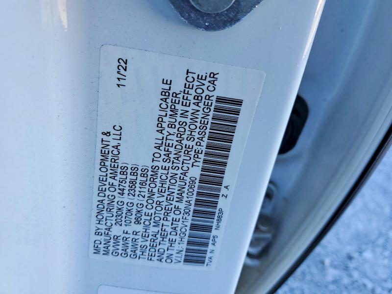 73152625 :رقم المزاد ، 1HGCV1F30NA100690 vin ، 2022 Honda Accord مزاد بيع
