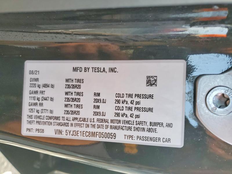 2021 Tesla Model 3 მანქანა იყიდება აუქციონზე, vin: 5YJ3E1EC8MF050059, აუქციონის ნომერი: 72844915