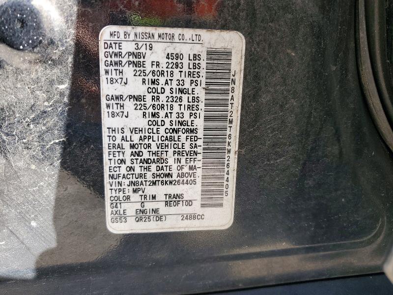 2019 Nissan Rogue მანქანა იყიდება აუქციონზე, vin: JN8AT2MT6KW264405, აუქციონის ნომერი: 72680575
