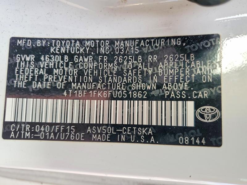 74092055 :رقم المزاد ، 4T1BF1FK6FU051862 vin ، 2015 Toyota Camry مزاد بيع