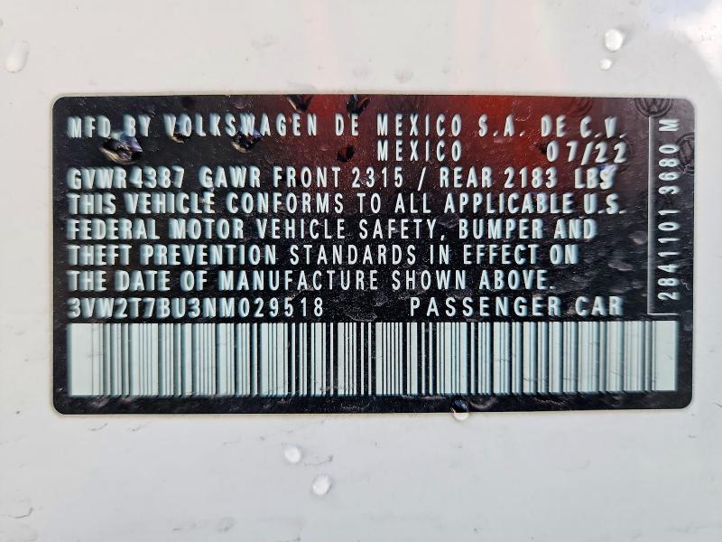 Aukcja sprzedaży 2022 Volkswagen Jetta, vin: 3VW2T7BU3NM029518, numer aukcji: 75092495