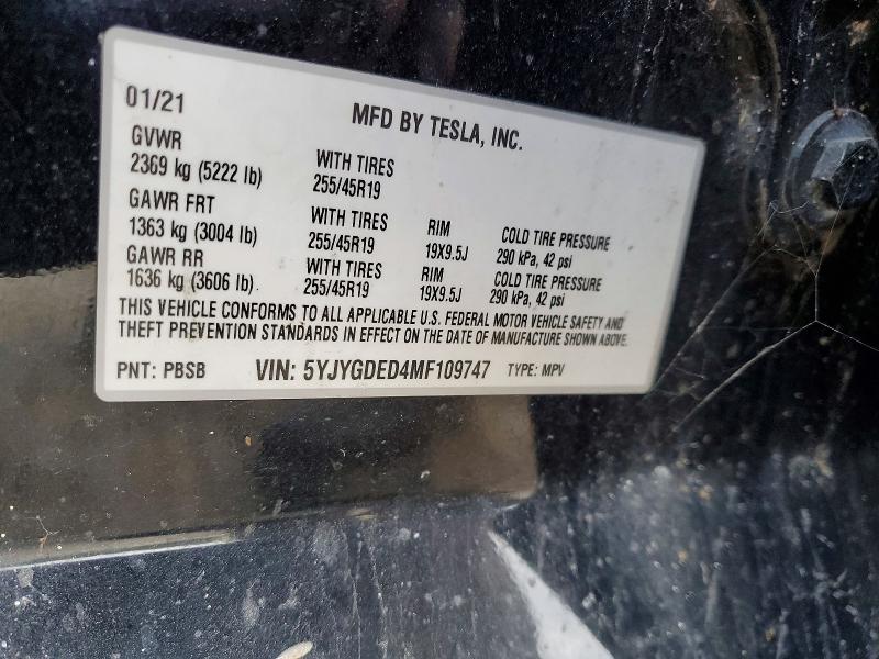 Aukcja sprzedaży 2021 Tesla Model Y, vin: 5YJYGDED4MF109747, numer aukcji: 74739605