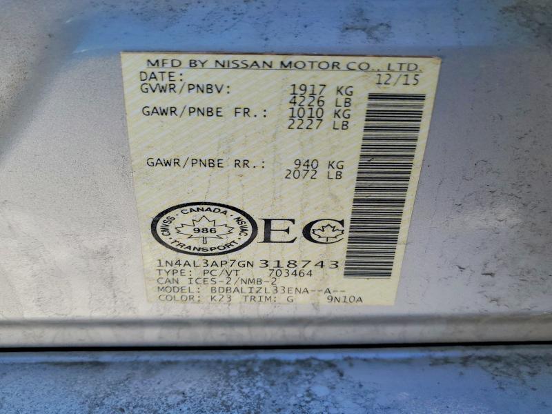 2016 Nissan Altima 2.5 მანქანა იყიდება აუქციონზე, vin: 1N4AL3AP7GN318743, აუქციონის ნომერი: 73780265