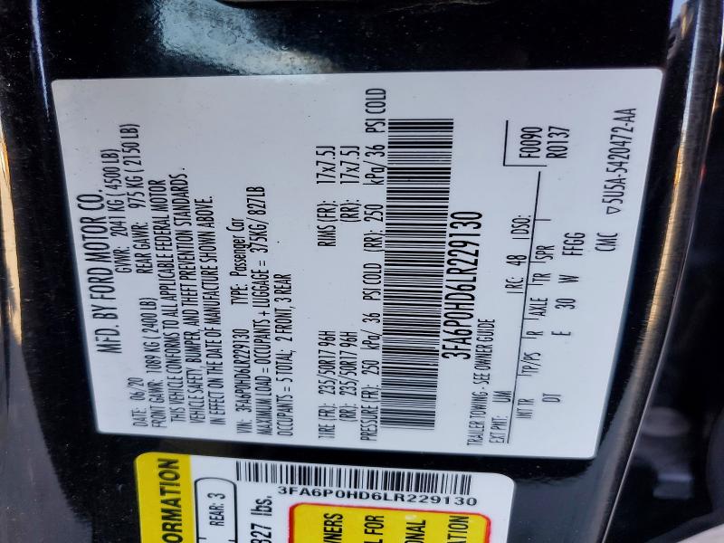 98943875 :رقم المزاد ، 3FA6P0HD6LR229130 vin ، 2020 Ford Fusion Se مزاد بيع