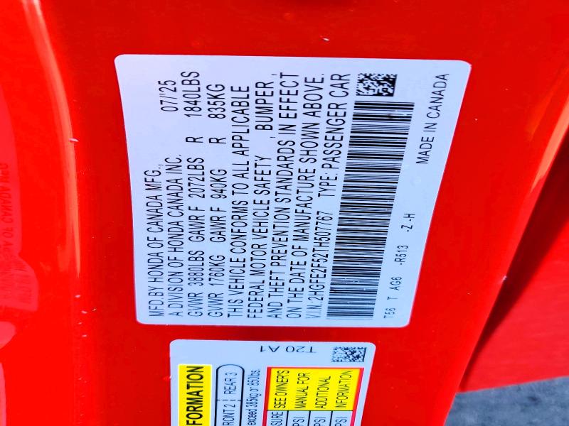 Продаж на аукціоні авто 2026 Honda Civic, vin: 2HGFE2F52TH507767, номер лоту: 99027685