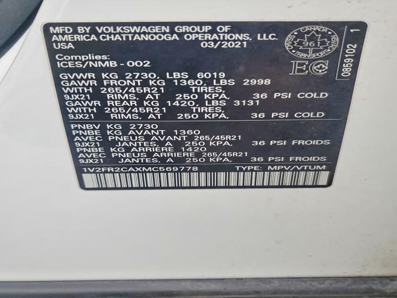 Продаж на аукціоні авто 2021 Volkswagen Atlas, vin: 1V2FR2CAXMC569778, номер лоту: 97131125