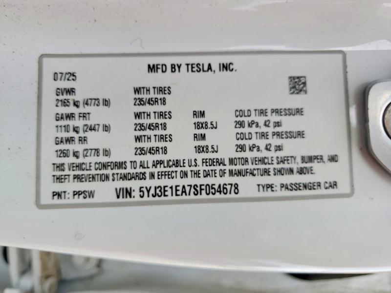 73315395 :رقم المزاد ، 5YJ3E1EA7SF054678 vin ، 2025 Tesla Model 3 مزاد بيع