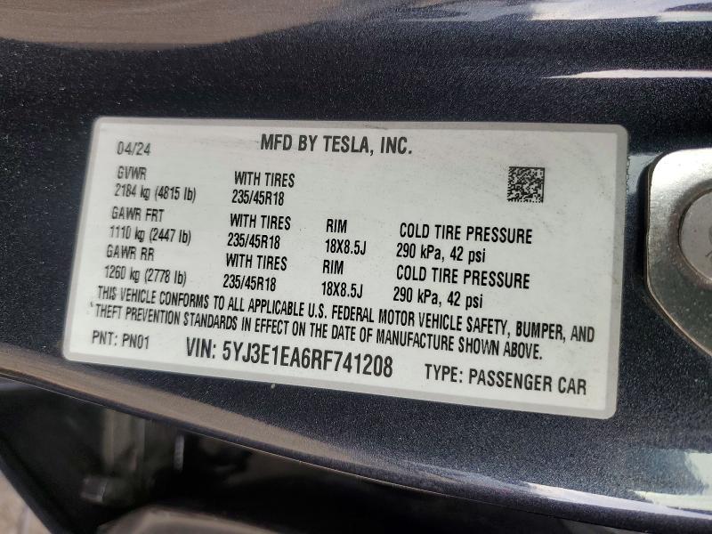 Продажа на аукционе авто 2024 Tesla Model 3, vin: 5YJ3E1EA6RF741208, номер лота: 72327035
